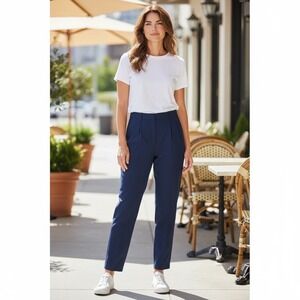 Worthington Navy Blue Pleated  High Waist Trousers Pants Business Casual Women's